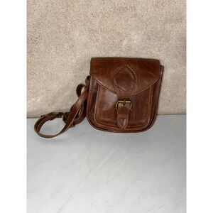JOYN Brown Leather Crossbody Bag - Small - Buckle Flap Boho Artisan Hand-Blocked